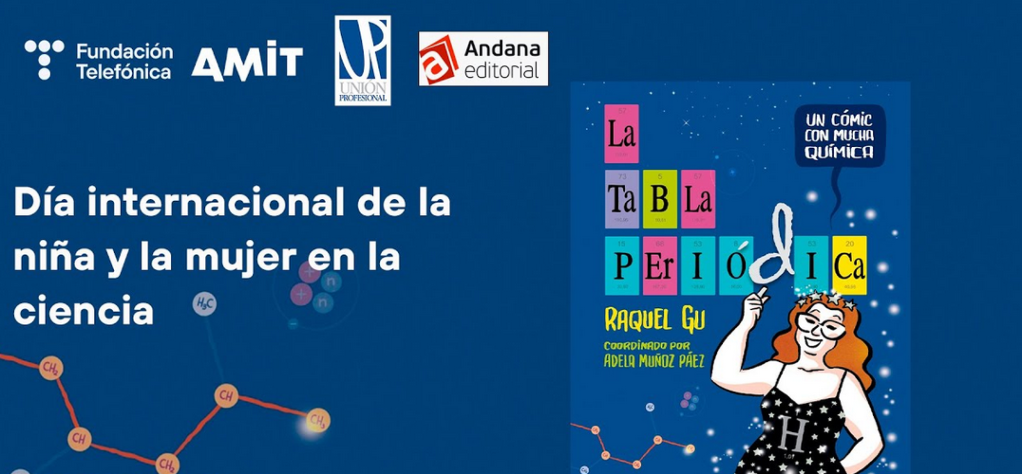 banner ilustrativo del evento con la portada del libro de Raquel Gu: "La tabla periódica".