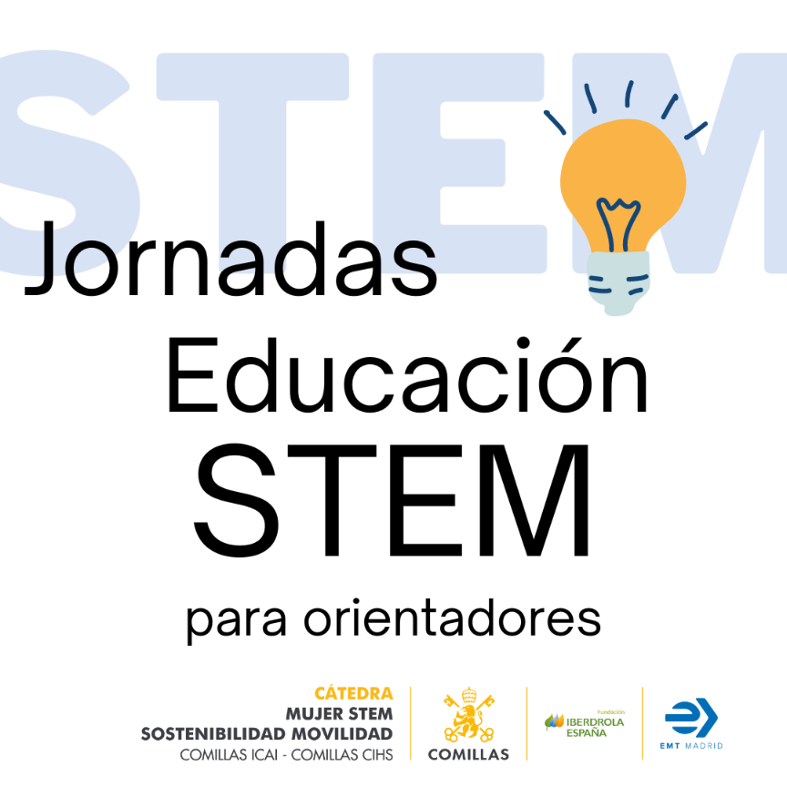 jornadas Educacion STEM sobre fondo blanco con una bombilla y logos