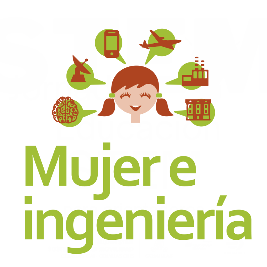 ilustración de muñeca con coletas y diferentes logos en verd emujer e ingeniería