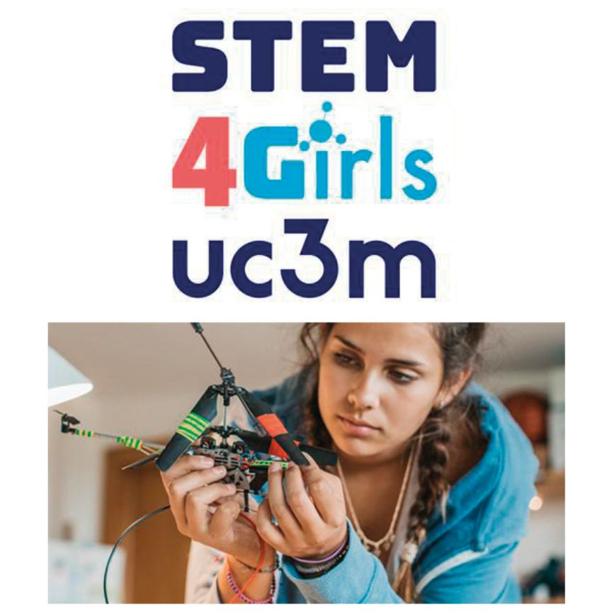 Logo STEM 4 Girls y niña con un dron