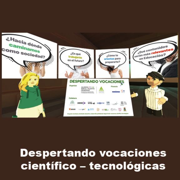 Viñetas con ilustraciones de alumnos hablando de despertar vocaciones científico tecnológicas 