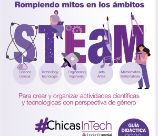 Porada con texto rompiendo mitos en los ámbitos steam (Science, Tecnology, Engineering. Arts y Mathematics) varias ilustraciones 