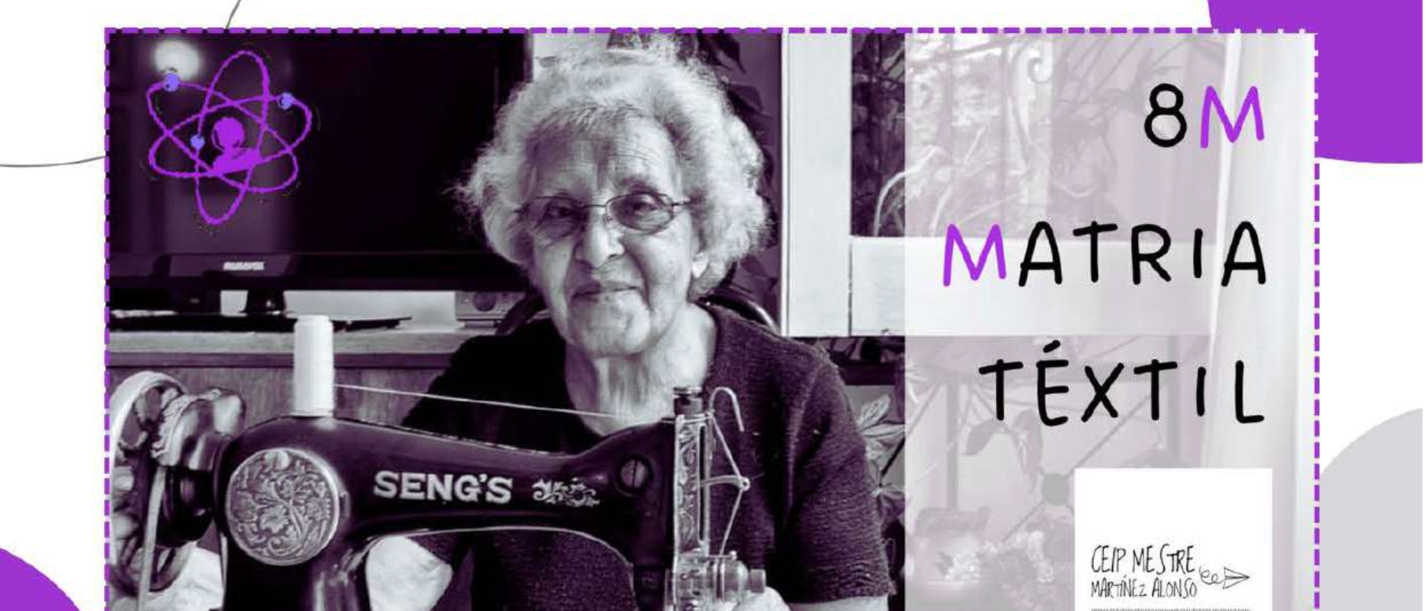 Cartel de Matria Textil de mujer mayor con máquina de coser antigua