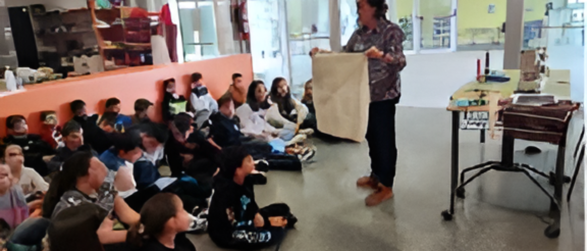 Charla de maestra al alumnado sobre bolsas reutilizables