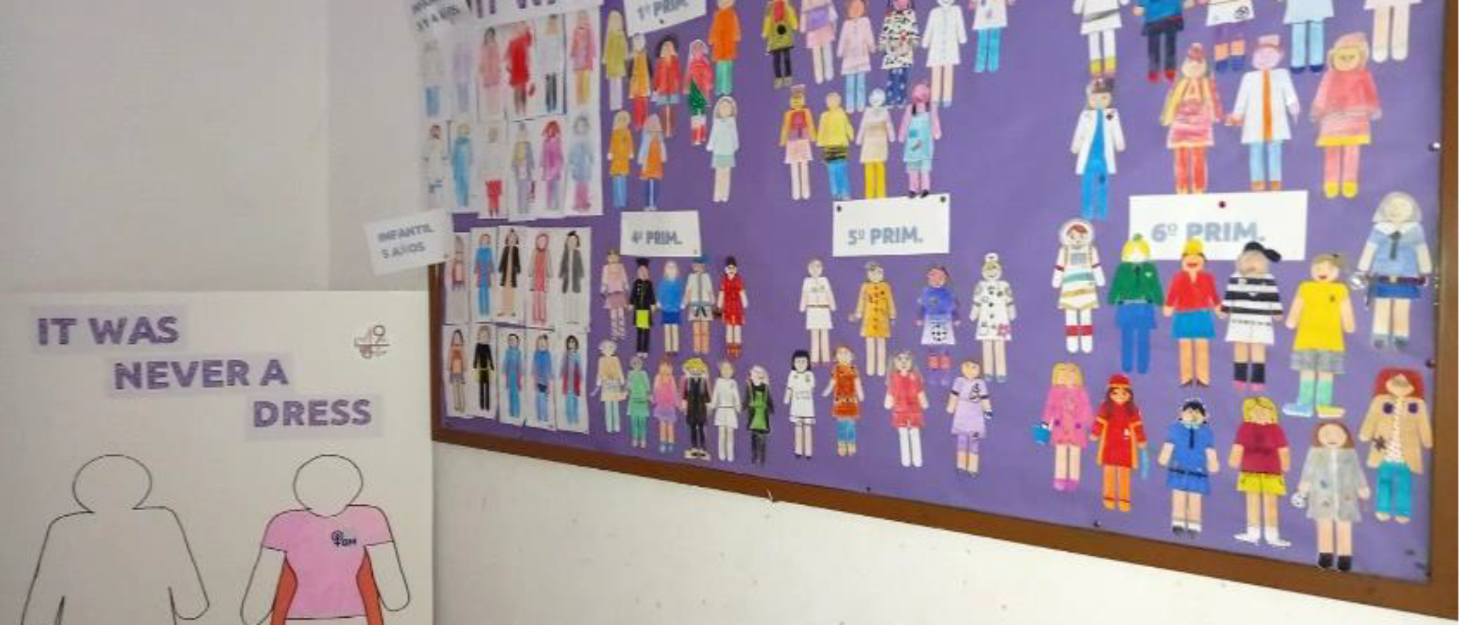 Mural de la Campaña "IT WAS NEVER A DRESS" con ilustraciones de mujeres con trajes  asociados al género masculino