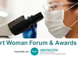 logo del evento, mujer mirando por un microscopio